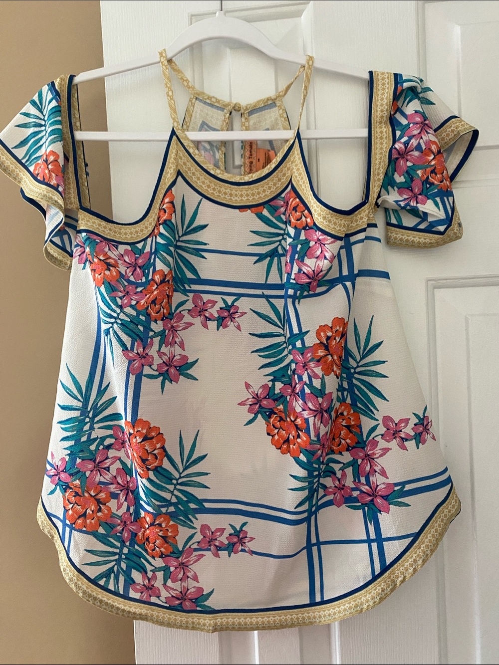 Cold-Shoulder Floral Print Women's Top in White with Teal & Pink